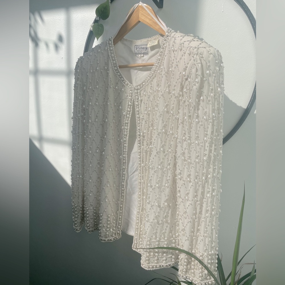 Stenay White Fully Beaded Dress Jacket • Eyehook Enclosure • Scoop Neck